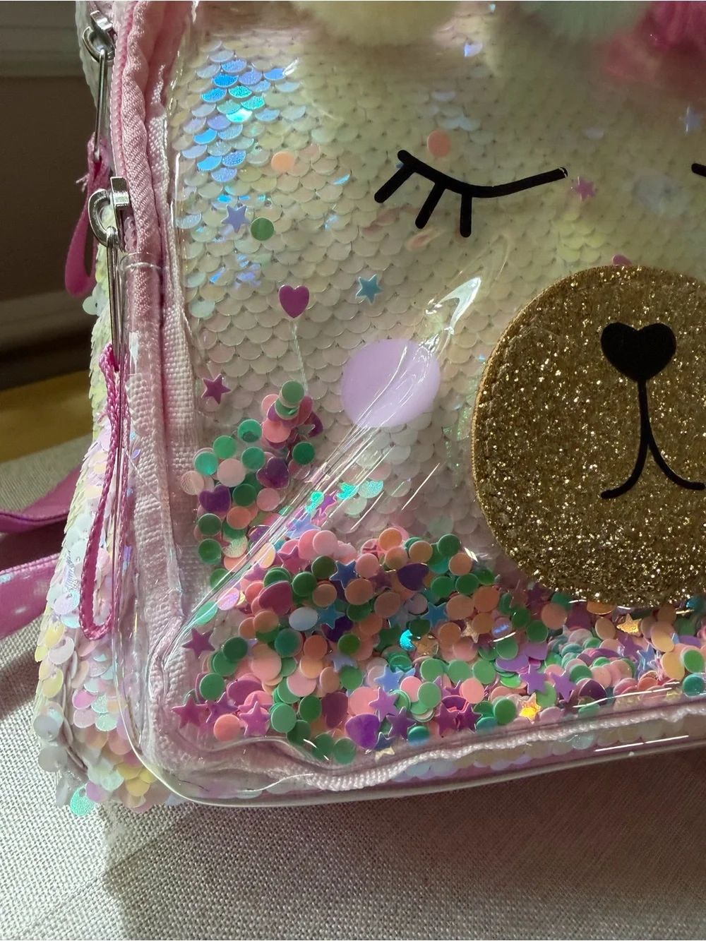 Cat & Jack Pink Sequin Bunny Backpack with Pom-Poms NWT